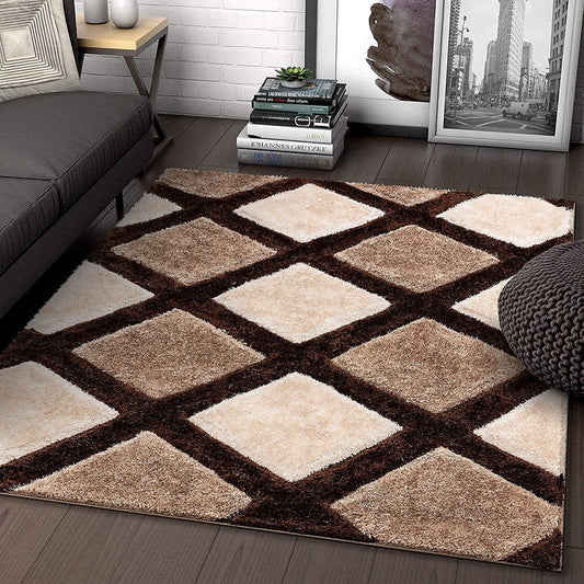 Carpet for wooden floor in brown and beige shaggy geometric design styled in a modern living room