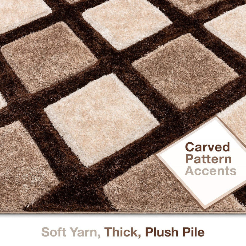 Carpet for wooden floor with brown and beige carved geometric pattern and plush shaggy pile