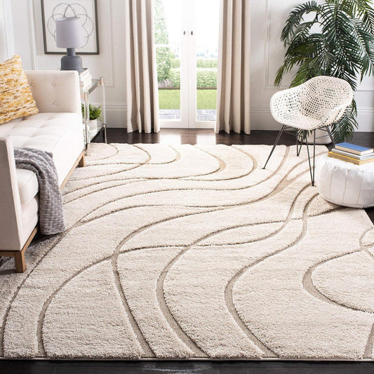 Cream carpet with high-low shaggy texture and flowing wave pattern styled in a modern living room