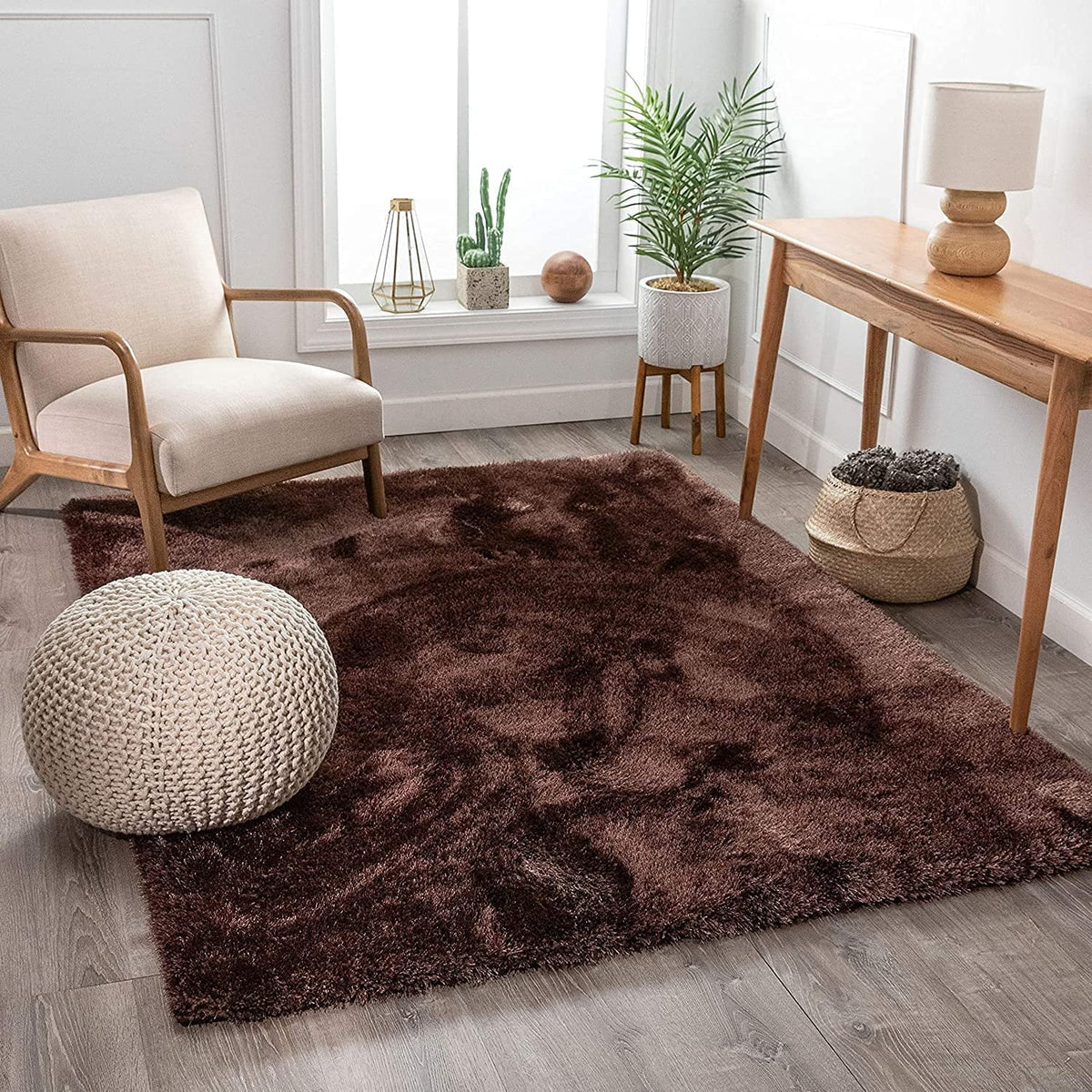 Dark brown carpet with thick shaggy texture styled in a modern living room