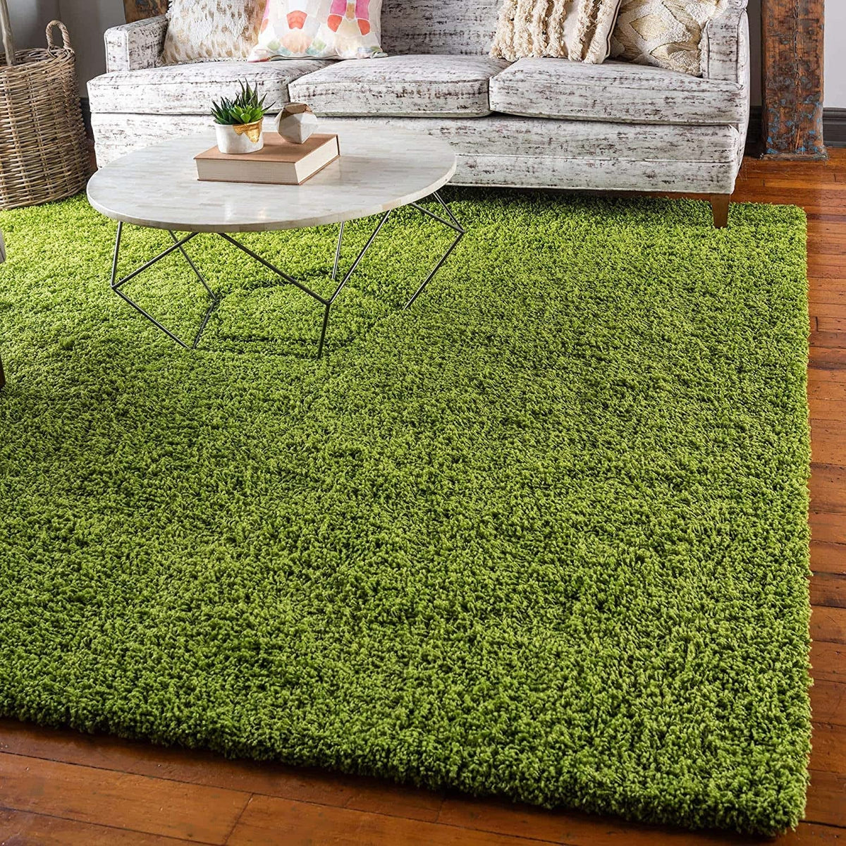 Green shaggy carpet in grass green with dense plush texture styled in a modern living room
