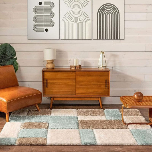 Aqua & Beige Block Shaggy Carpet
