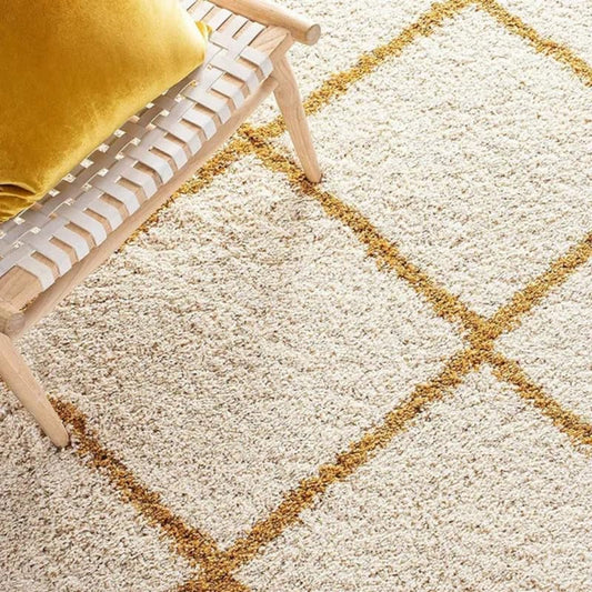 Ivory & Gold Grid Shaggy Carpet