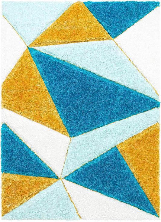 Blue Aqua White Mustard Geometric Shaggy Carpet