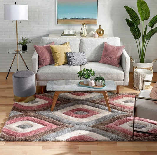 Rose Grey & Beige Diamond Wave Shaggy Carpet