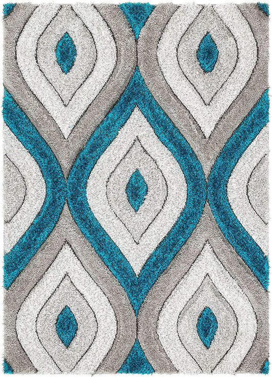 Grey & Aqua Diamond Wave Shaggy Carpet