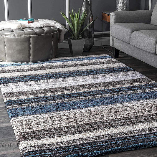 Blue Grey & White Striped Shaggy Carpet