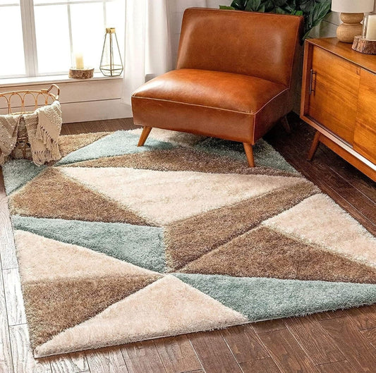 Beige Brown & Sage Geometric Triangular Shaggy Carpet