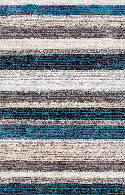 Blue Grey & White Striped Shaggy Carpet