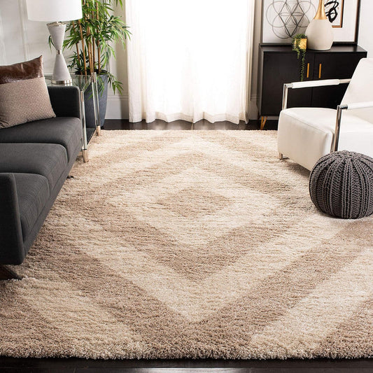 Beige Diamond Pattern Textured Shaggy Carpet
