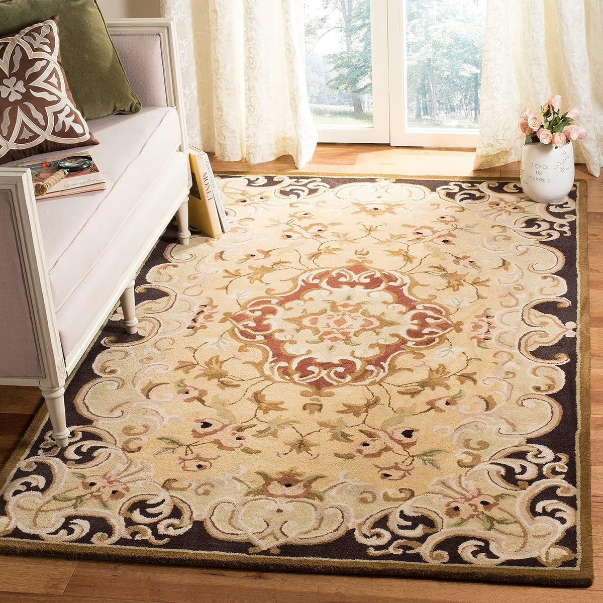 Persian style carpet Cyrus tufted rug with cream beige and brown floral medallion design