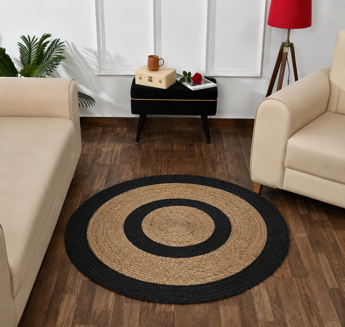 Round jute carpet showing natural woven texture with black circular border