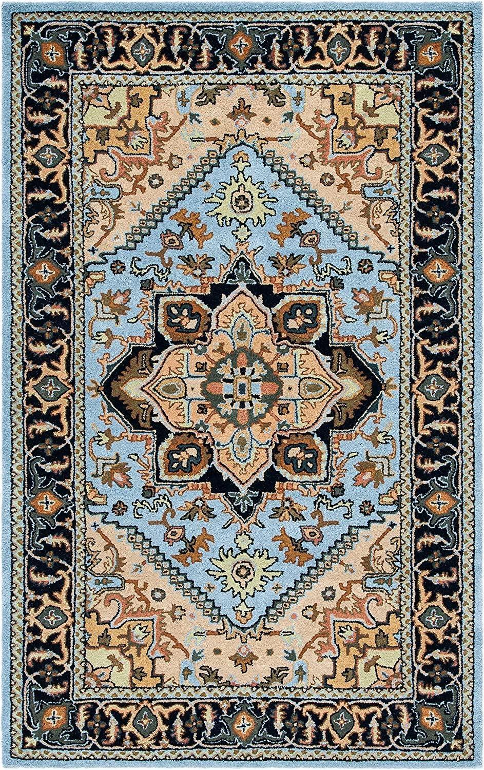 Tabriz Persian rug with blue and beige floral medallion pattern and decorative border